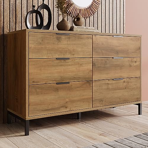 (=834445AAD) Kommode, Sideboard mit 6 Schubladen, 120 x 40 x 76 cm in Dunkle Eiche, Sideboard Highboard für Schlafzimmer & alle Wohnräume von Aunvla