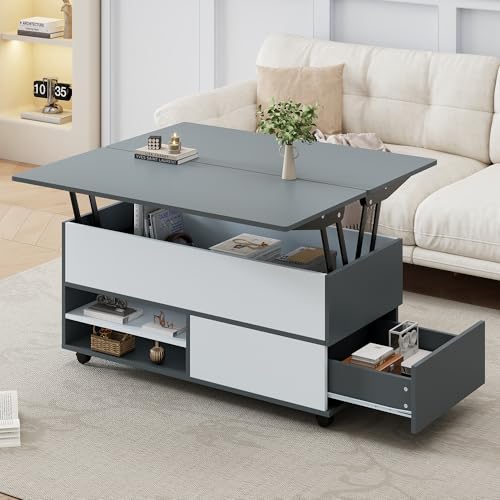 100*98*65cm Couchtisch Höhenverstellbarer Kaffeetisch mit Verstecktem Stauraum und Ablage,Wohnzimmertisch mit Rollen und Schubladen, multifunktionaler Esstisch mit großem Stauraum,grau-weiße Spleiße 100*98*65cm Couchtisch Höhenverstellbarer Kaffeetisch mit Verstecktem Stauraum und Ablage,Wohnzimmertisch mit Rollen und Schubladen, multifunktionaler Esstisch mit großem Stauraum,grau-weiße Spleiße von Aunvla