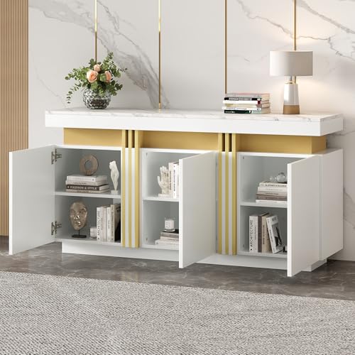 140*38*70cm Modernes weißes Sideboard-Display, 3 Türen, Esszimmerschrank mit verstellbaren Trennwänden, perfekt für Küche, Wohnzimmer, Esszimmer, Flur, Platin-Nähte, breite grifflose Schließfächer 140*38*70cm Modernes weißes Sideboard-Display, 3 Türen, Esszimmerschrank mit verstellbaren Trennwänden, perfekt für Küche, Wohnzimmer, Esszimmer, Flur, Platin-Nähte, breite grifflose Schließfächer von Aunvla