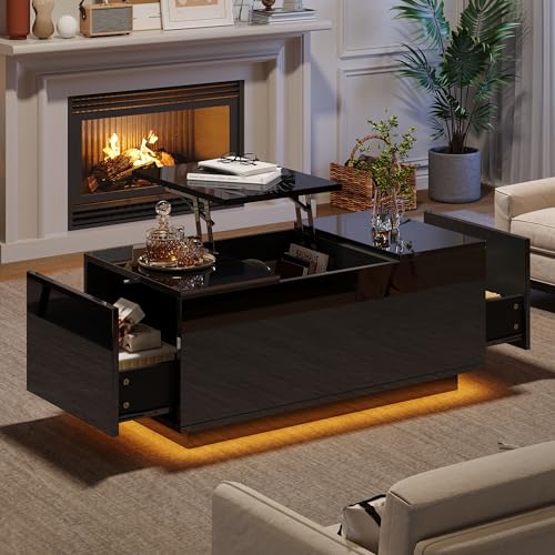 95 * 48 * 40cm Couchtisch mit Hebeplatte, höhenverstellbar ausziehbar, Lift-Top-Tisch. Wohnzimmertisch mit 2 Schubladen, Sofatisch mit LED,Multifunktionaler Lift-up-Kaffeetisch, Schwarz von Aunvla