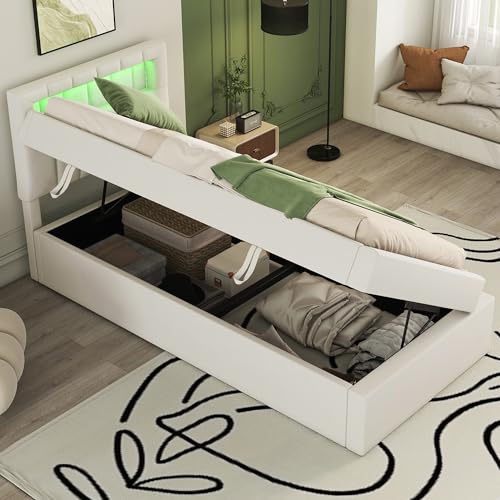 Aunlva 90 * 200cm Flachbett, Polsterbett, hydraulisches Einzelbett, minimalistisches Design, stilvolle Polsterung, Weiß von Aunvla