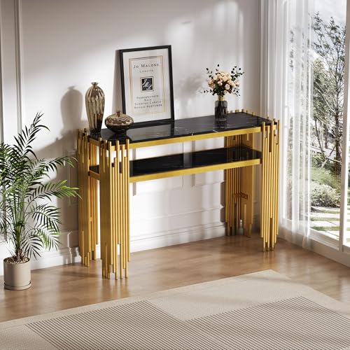 Aunvla 128 x 44 x 80 cm Mid-Century Modern Wohnzimmer Beistelltisch, Konsolentisch, Schwarzer Korpus mit goldenen Beinen, Doppelschicht MDF, Belastbarkeit bis 40 kg von Aunvla
