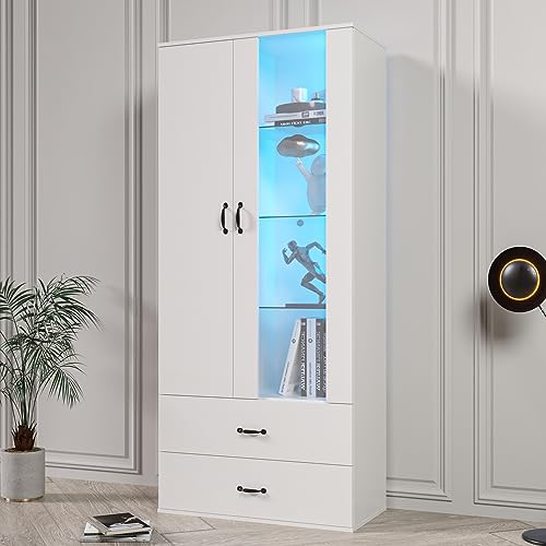 Aunvla 16 Farben LED-beleuchtete Vitrine, 2 Türen, Standvitrine mit transparenter Tür, freistehende Vitrine Weiße Wohnzimmer Wohnzimmerwand LED-Schrank Buffetschrank von Aunvla