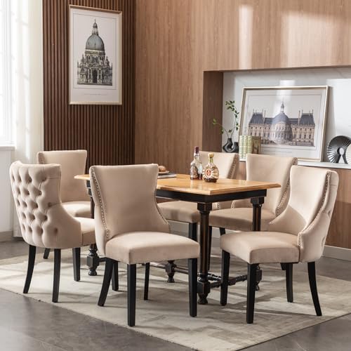 Aunvla 4-Fußstuhl, Stuhl Beige Samt Esszimmerstuhl, mit Knopfsteppung, Gestell aus Massivholz, Beige(Set, 6 St) von Aunvla