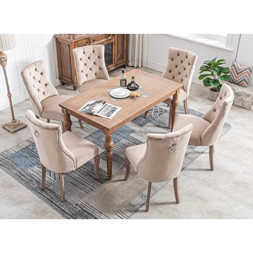 Aunvla 4-Fußstuhl, Stuhl Beige Samt Esszimmerstuhl,hohe Rückenlehne, mit Knopfsteppung, Gestell aus Massivholz, Beige(Set, 6 St) von Aunvla