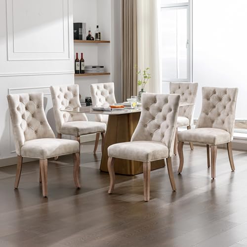 Aunvla 4-Fußstuhl, Stuhl Hellbeige Samt Esszimmerstuhl,hohe Rückenlehne, mit Knopfsteppung, Gestell aus Massivholz, Hellbeige(Set, 6St) von Aunvla