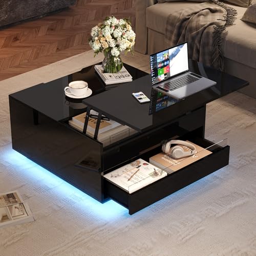 Aunvla 70 * 70 * 38cm Wohnzimmer-Couchtisch, Anhebbarer kaffeetisch mit LED-Lichtleiste,Sofatisch mit 1 Schublade,Hochglanz-Beistelltisch mit verstecktem Stauraum und hochklappbaren Türen,Schwarz von Aunvla