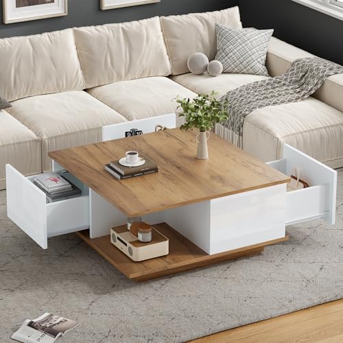 Aunvla 70 x 70 x 31.5cm Couchtisch mit 3 Schubladen,geometrischer Kaffeetish,hochglänzende Wohnzimmertisch, Sofatisch,Beistelltisch,geeignet für kleine Räum,Weiß + Originalholzfarbe von Aunvla