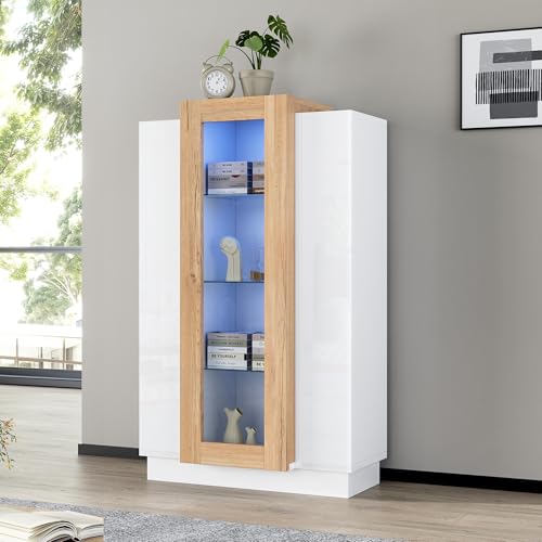Aunvla 74 * 40 * 120cm Wohnzimmerschrank mit 3 Türen, transparente Türen, Vitrine Hochglanz mit LED, Bücherschrank mit Glasablagen und Schublade,Standvitrine mit Einer Höhe von 120cm Aunvla 74 * 40 * 120cm Wohnzimmerschrank mit 3 Türen, transparente Türen, Vitrine Hochglanz mit LED, Bücherschrank mit Glasablagen und Schublade,Standvitrine mit Einer Höhe von 120cm von Aunvla
