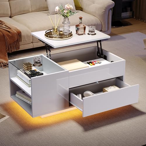 Aunvla 95 * 48 * 42cm Couchtisch Höhenverstellbarer Kaffeetisch mit Verstecktem Stauraum, Beistelltisch Mit LED-Licht, Wohnzimmertisch Mit Schublade, Tisch, Sofatisch Mit Steckdose, Weiß von Aunvla