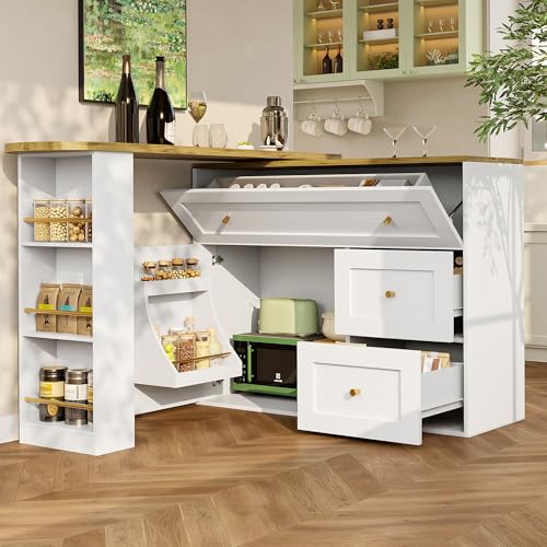 Aunvla Ausziehbarer Bartisch mit Stauraum(138-204×39×105cm), Küchenschrank, Sideboard mit Snackregal, Teleskopischer Bartisch, Stehtisch Bistrotisch Hochtisch Kücheninsel, weiß von Aunvla