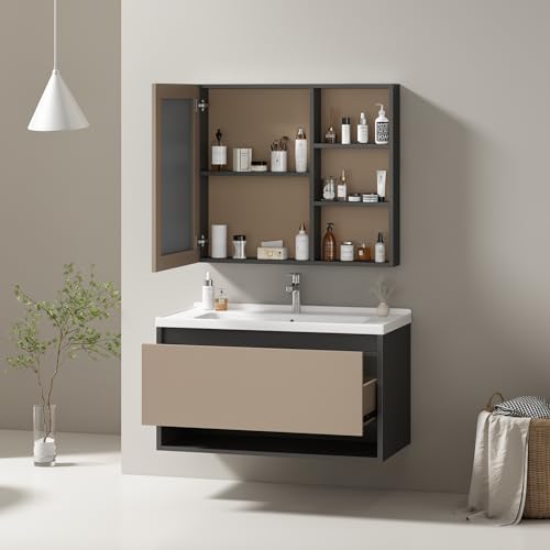 Aunvla Badezimmer Badmöbel Set :Waschbeckenunterschrank hängend 90cm breit,mit Keramikwaschbecken,Schubladen,Spiegelschrank,hellgrau von Aunvla