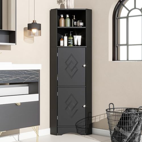 Aunvla Badschrank, Badmöbel, Eckschrank mit Zwei Ablagefächern, offenes Fach mit verstellbarem Einlegeboden, 36.5X 36.5 x 155 cm, schwarz Aunvla Badschrank, Badmöbel, Eckschrank mit Zwei Ablagefächern, offenes Fach mit verstellbarem Einlegeboden, 36.5X 36.5 x 155 cm, schwarz von Aunvla
