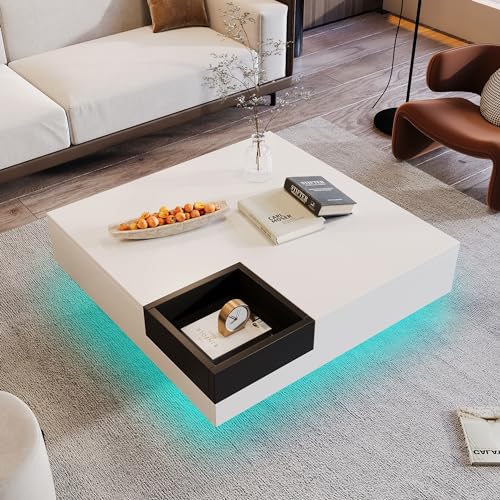 Aunvla Couchtisch, Hochglanz-Wohnzimmertisch, Beistelltisch mit Abnehmbarer Aufbewahrungsbox, Farbblockweiß und Schwarz, 72 * 72 * 30 cm, Mit LED-Lichteffekt Aunvla Couchtisch, Hochglanz-Wohnzimmertisch, Beistelltisch mit Abnehmbarer Aufbewahrungsbox, Farbblockweiß und Schwarz, 72 * 72 * 30 cm, Mit LED-Lichteffekt von Aunvla