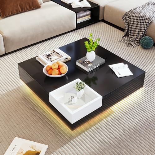 Aunvla Couchtisch, Hochglanz-Wohnzimmertisch, Beistelltisch mit Abnehmbarer Aufbewahrungsbox, Farbblockweiß und Schwarz, 72 * 72 * 30 cm, Mit LED-Lichteffekt. Aunvla Couchtisch, Hochglanz-Wohnzimmertisch, Beistelltisch mit Abnehmbarer Aufbewahrungsbox, Farbblockweiß und Schwarz, 72 * 72 * 30 cm, Mit LED-Lichteffekt. von Aunvla