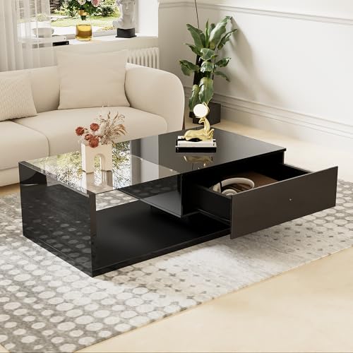Aunvla Couchtisch, Hochglanzschwarz. Beistelltische, Couchtische mit Glas und LED-Effekt von Aunvla