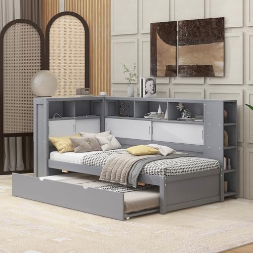 Aunvla Daybett, 90x200cm(90x190cm), Kinderbett, Ohne Matratze, Tagesbett mit Ausziehbett, Schlafsofa mit Staufach mit USB,Spanplatte, Grau von Aunvla