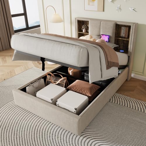 Aunvla Einzelbett mit Kabellosem Laden USB C, Polsterbett Bettgestell 90x200cm,Bettgestell mit Stauraum Lattenrost aus Holz-Natürlich Leinen (Ohne Matratze Aunvla Einzelbett mit Kabellosem Laden USB C, Polsterbett Bettgestell 90x200cm,Bettgestell mit Stauraum Lattenrost aus Holz-Natürlich Leinen (Ohne Matratze von Aunvla