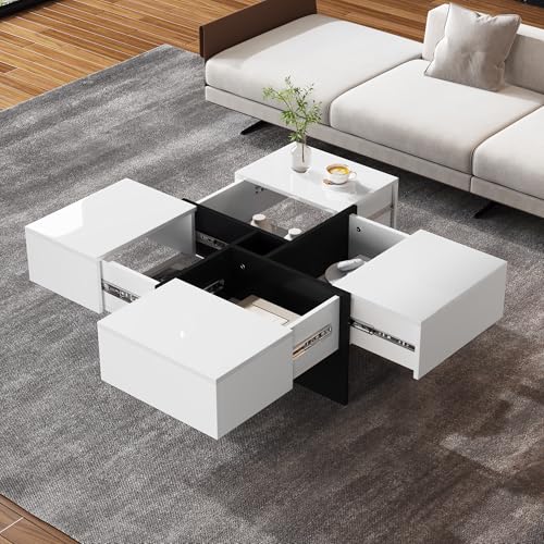 Aunvla Eleganter Hochglanz-Couchtisch 70 * 70 * 35 cm, schwarz-weißes Design, eingebautes Staufach und 4 robuste Schubladen, maximale Belastbarkeit 30 kg, quadratischer Hochglanz-Couchtisch von Aunvla
