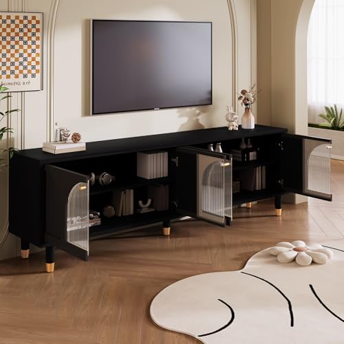 Aunvla Eleganter schwarzer TV-Schrank mit gewölbten geriffelten Glastüren, 4 Türen – 173 x 38 x 59 cm – Modernes Design von Aunvla