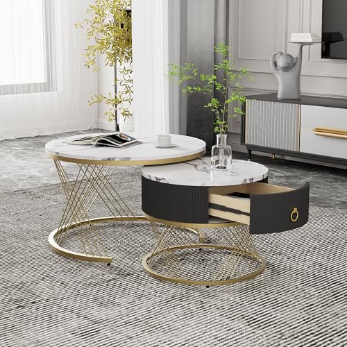 Aunvla Eleganter zusammensetzbarer Couchtisch: Marmoroptik, Golddekor, Beistelltisch mit Schubladen – 2er-Set Aunvla Eleganter zusammensetzbarer Couchtisch: Marmoroptik, Golddekor, Beistelltisch mit Schubladen – 2er-Set von Aunvla