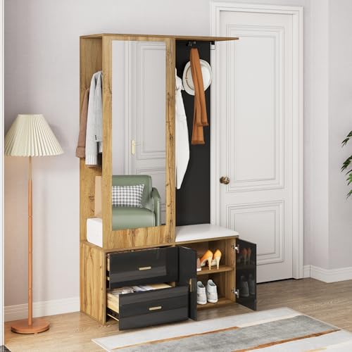 Aunvla Elegantes Kleiderschrankset in Schwarz und Holzfarbe mit Spiegel, Schuhschrank, Schuhbank mit Haken und ausziehbaren Kleiderbügeln. von Aunvla