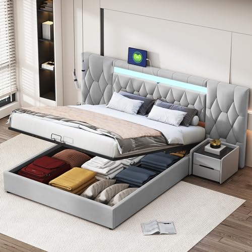 Aunvla Elegantes Polsterbett 160x200 mit großer Rückenlehne, Samtbett mit LED und USB-Steckdose, hydraulisches Stauraumsystem, Bett Classic Grau von Aunvla
