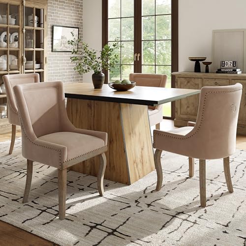 Aunvla Esstisch-Set (5 Teile), 138.5 x 80 cm großes Esstisch- und 4-Stühle-Set, moderner mit Holzmaserungsmuster, Küchen und Wohnzimmer, beige Samt-Esszimmerstühle mit Massivholzbeinen von Aunvla