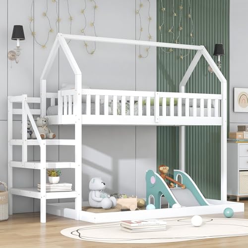 Aunvla Etagenbett, Hausbett mit Treppe, Kinderbett mit Fallschutz und Gitter, Rahmen aus Kiefer, weiß (90x200cm) von Aunvla