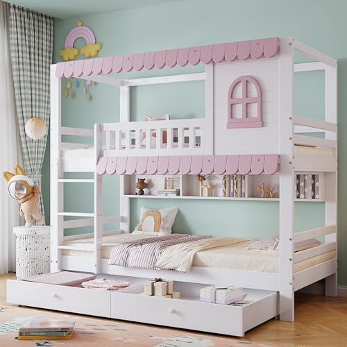 Aunvla Etagenbett, Kinderbett Mit Fenstern, mit Fallschutzgitter, Offenes Regal, Rosa Traufe, Zwei Schubladen mit Rollen, Reichlich Stauraum, Kiefer+MDF, Weiß+Rosa, 90x200cm Aunvla Etagenbett, Kinderbett Mit Fenstern, mit Fallschutzgitter, Offenes Regal, Rosa Traufe, Zwei Schubladen mit Rollen, Reichlich Stauraum, Kiefer+MDF, Weiß+Rosa, 90x200cm von Aunvla