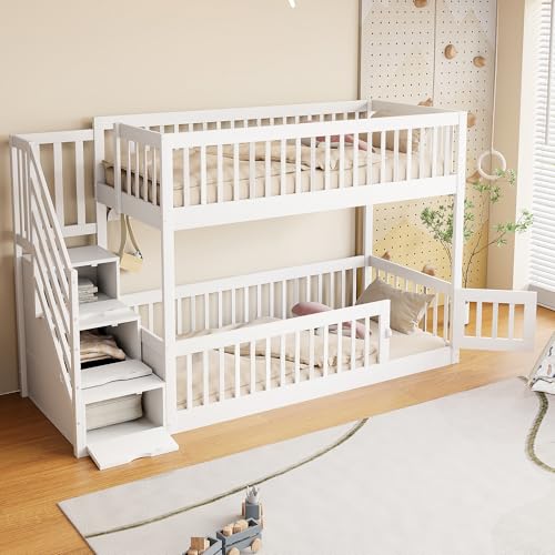 Aunvla Etagenbett 90x200 Kinderbett mit Sicherheitstreppe und Schubladen, weißes Holzeinzelbett mit Stauraumbett für Kinder, Jugendliche Aunvla Etagenbett 90x200 Kinderbett mit Sicherheitstreppe und Schubladen, weißes Holzeinzelbett mit Stauraumbett für Kinder, Jugendliche von Aunvla