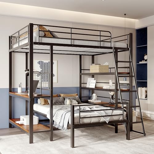 Aunvla Etagenbett Metallrahmen Hochbett 140 * 200, Multifunktionsbett mit Mehreren Ablagefächern, Schwarz von Aunvla