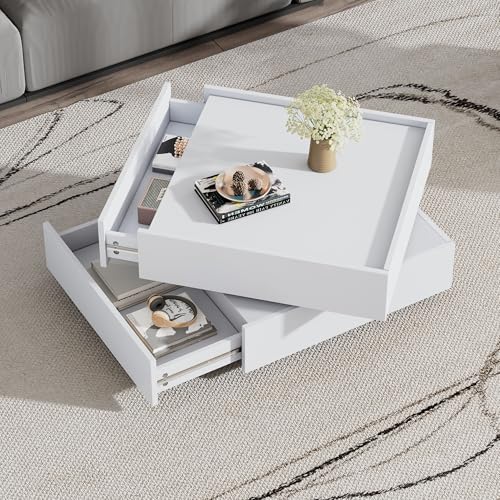 Aunvla Funktionaler Couchtisch für das Wohnzimmer, 360° drehbar, drehbare Tischplatte mit 2 Ablagen und Stauraum, Gestell Wohnzimmerbeistelltisch reinweiß, 60 * 60 * 38 cm von Aunvla