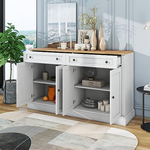 Aunvla Großes Sideboard mit 4 Türen und 2 Schubladen, moderner Buffetschrank für Esszimmer und Wohnzimmer, 150 x 86 x 40 cm (L/B/H) – (Antikweiß+Naturholz) von Aunvla