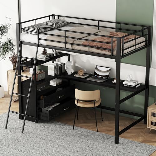 Aunvla Hochbett, 90 * 200cm, Eisenrahmenbett, praktische Schubladen, stilvoller L-förmiger Schreibtisch, Laminatdesign, Ohne Matratze, schwarz von Aunvla