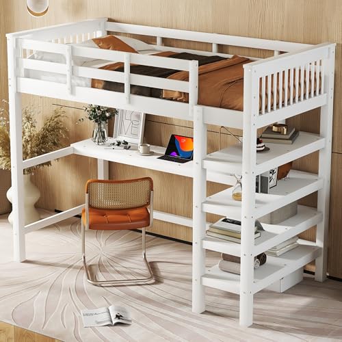 Aunvla Hochbett, 90 x 200,Kinderhochbett mit Ablagefächern und Unterbettschreibtisch,Ohne Matratze, Weiß Aunvla Hochbett, 90 x 200,Kinderhochbett mit Ablagefächern und Unterbettschreibtisch,Ohne Matratze, Weiß von Aunvla
