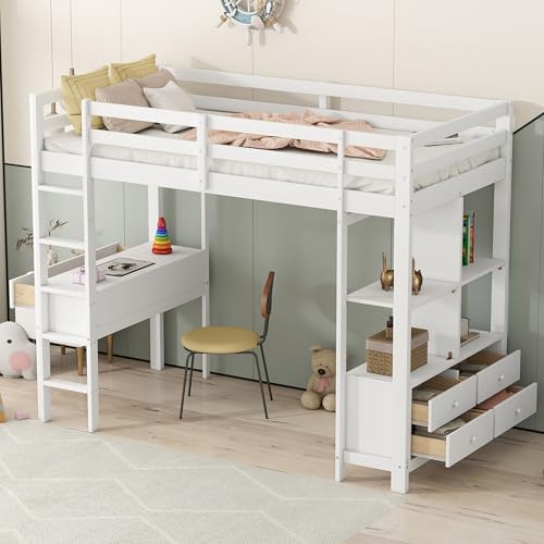 Aunvla Hochbett, 90 x 200cm Kinderhochbett mit Stauraumschubladen und Unterbettschreibtisch, Ohne Matratze, Weiß Aunvla Hochbett, 90 x 200cm Kinderhochbett mit Stauraumschubladen und Unterbettschreibtisch, Ohne Matratze, Weiß von Aunvla