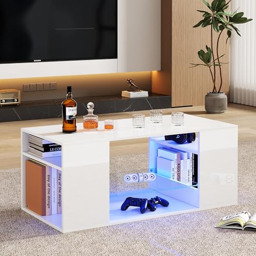 Aunvla Hochglanz Couchtisch mit Glas, LED Couchtische, Weiß Kaffeetisch,Mehrere Lagerplätze,96x45x45 cm von Aunvla