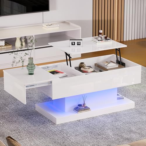 Aunvla Hochglanz-Lift-Teetisch LED Couchtische Kaffeetisch 100x50x45 cm mit LED-Beleuchtung – Halbhebbares Tischblatt und seitlich verschiebbares Design, hydraulischer Lift und Stauraum von Aunvla