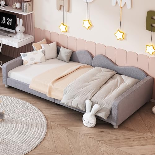 Aunvla Kinderbett Polsterbett 90 * 200cm, Schlafsofa Bettgestell Teddystoff Multifunktionales weiches Bett mit Rückenlehne und Armlehnen Jugendbett Gästebett Grau von Aunvla