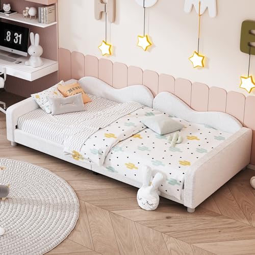 Aunvla Kinderbett Polsterbett 90 * 200cm, Schlafsofa Bettgestell Teddystoff Multifunktionales weiches Bett mit Rückenlehne und Armlehnen Jugendbett Gästebett Weiß von Aunvla