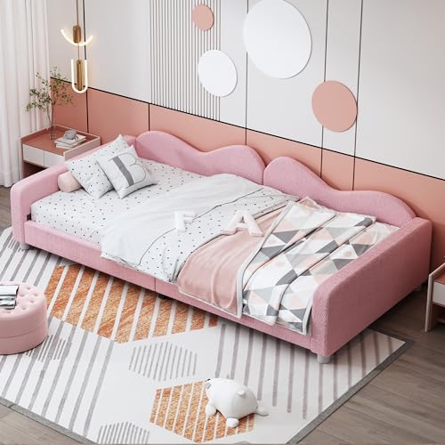 Aunvla Kinderbett Polsterbett 90 * 200cm, Schlafsofa Bettgestell Teddystoff Multifunktionales weiches Bett mit Rückenlehne und Armlehnen Jugendbett Gästebett rosa von Aunvla