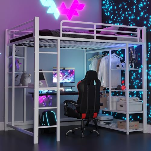 Aunvla Metall-Hochbett mit Leiter 140 * 200 cm, Juniorbett Doppelbett mit Tisch mit einfachen Kleiderbügeln mit Ablagefächern, Weiß von Aunvla