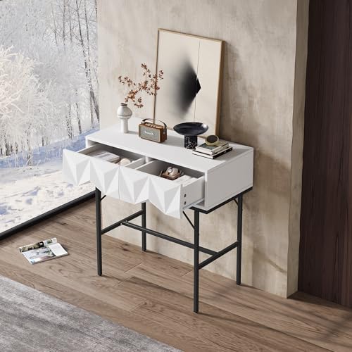 Aunvla Moderner, eleganter Konsolentisch, geometrisches, dreidimensionales Schubladen-Hohldesign, für Eingang und Wohnzimmer (Weiß + Schwarz Beine) von Aunvla