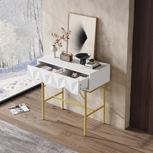 Aunvla Moderner, eleganter Konsolentisch, geometrisches, dreidimensionales Schubladen-Hohldesign, für Eingang und Wohnzimmer (Weiß + goldene Beine) von Aunvla