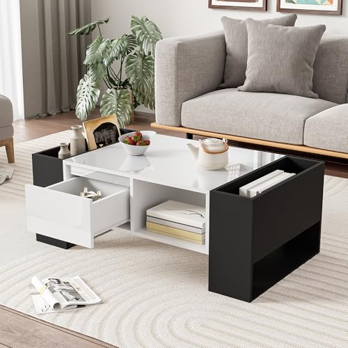 Aunvla Moderner Couchtisch 105 x 60 x 40,5 cm – Schwarz-Weiß-Design mit hochglänzender Oberfläche, Schublade und 4 offenen Fächern Aunvla Moderner Couchtisch 105 x 60 x 40,5 cm – Schwarz-Weiß-Design mit hochglänzender Oberfläche, Schublade und 4 offenen Fächern von Aunvla