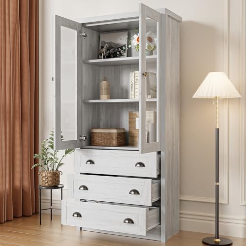 Aunvla Moderner Highboard Schrank 80x34x171 cm – Holzoptik mit Glastüren, 3 Schubladen & Kupfergriffen – Stilvoller Stauraum für Wohnzimmer, Büro & Flur von Aunvla