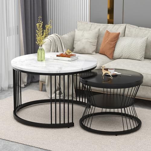 Aunvla Moderner Nesting-Couchtisch, Couchtisch-Set, Hochglanz-Tischplatte, marmoriert, Sofa-Beistelltisch, runder Nesting-Couchtisch, 2er-Set, schwarzer Rahmen von Aunvla