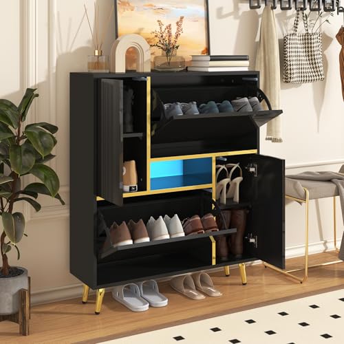 Aunvla Moderner Schuhschrank, schwarzer Schuhschrank mit Hochglanzfront und 16-farbigem LED-Licht (80 x 25 x 96 cm) von Aunvla