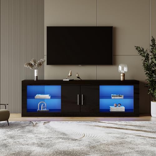 Aunvla Moderner schwarzer TV-Ständer für 60"-Fernseher; 16-Farben-LED, Bluetooth-Steuerung; Hochglanz-Schranktüren, verstellbare Einlegeböden, geräuschlose Scharniere, stilvoller Aufbewahrungsschrank von Aunvla